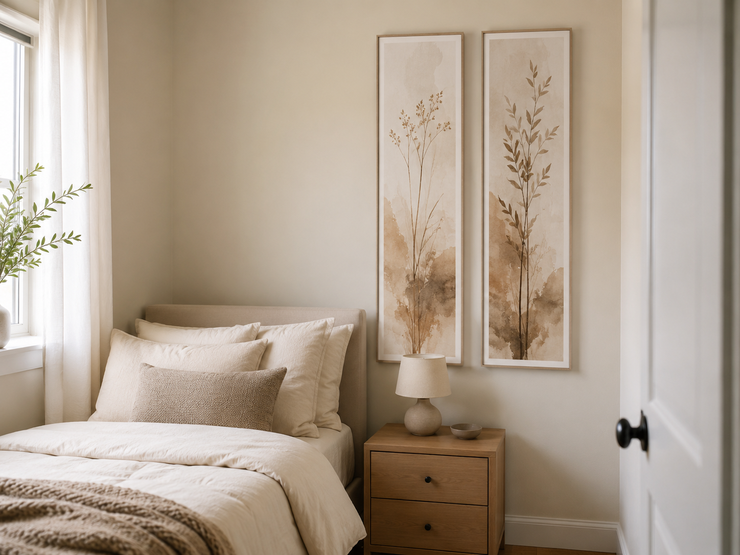 Small bedroom with two tall narrow framed prints above a compact bed or bedside table, cream bedding, lamp, and light wood nightstand