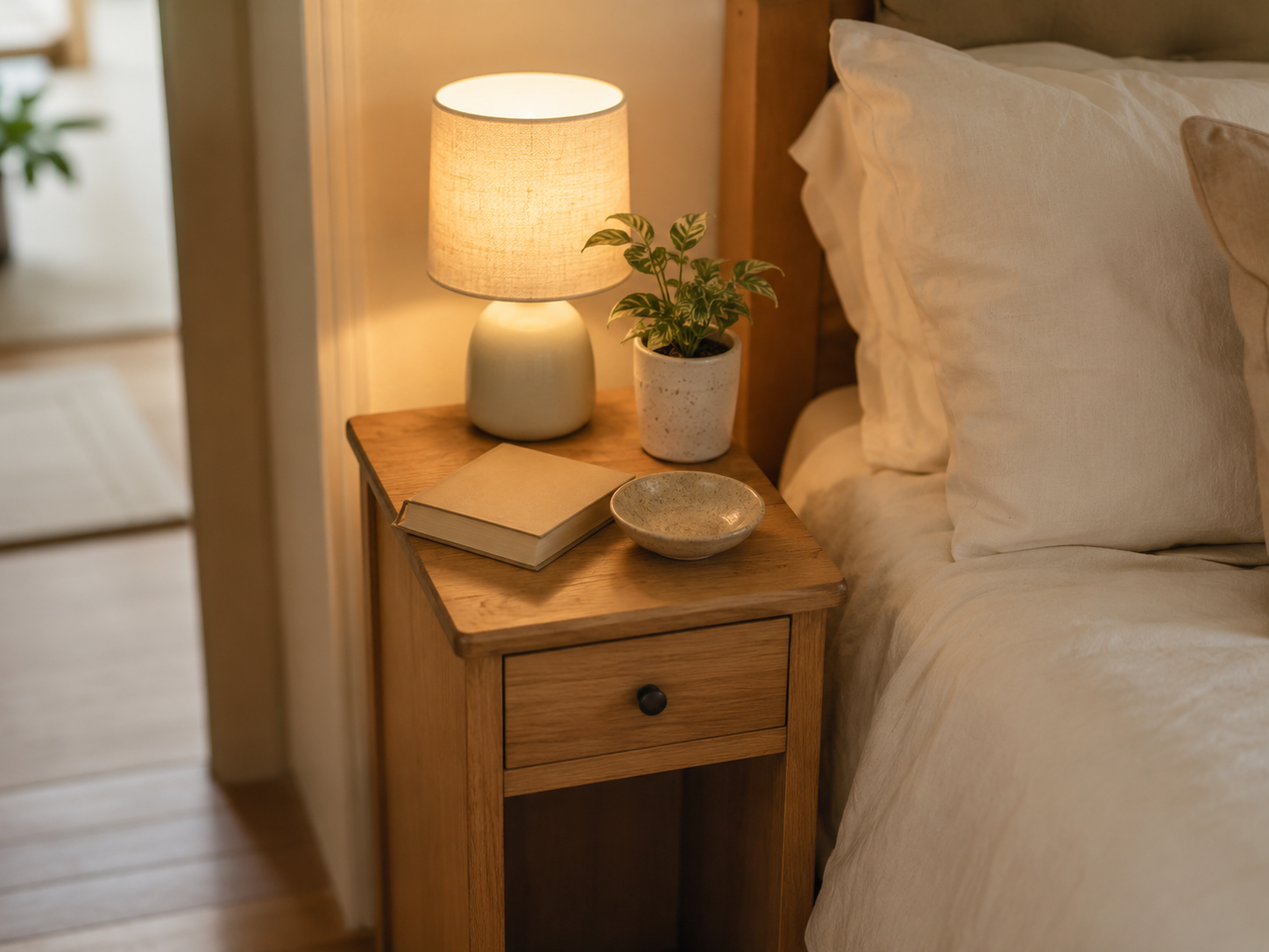 Close-up of a simple small bedroom bedside setup with narrow nightstand, lamp, book, ceramic dish, tiny plant, and cream bedding