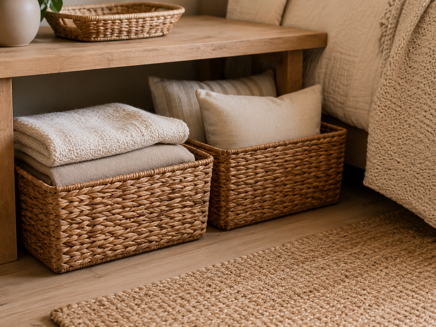 Small bedroom detail with woven storage baskets beside a bed or under a bench holding folded blankets or pillows