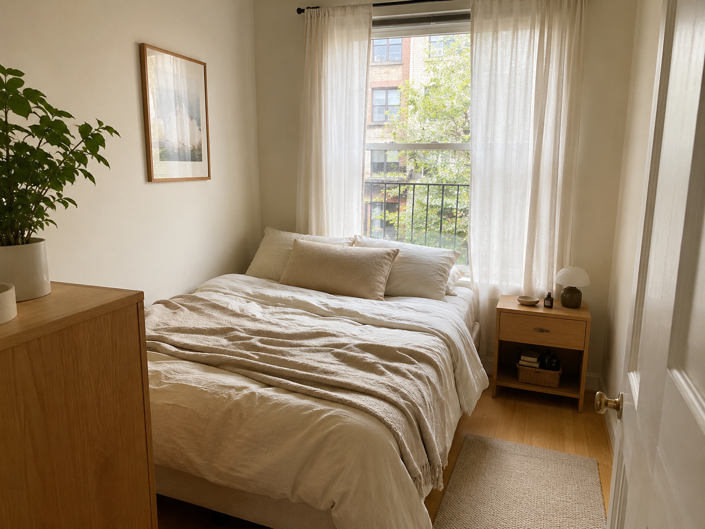 Small bedroom with compact bed placed under or near a window, cream bedding, light curtains, nightstand, and airy neutral styling