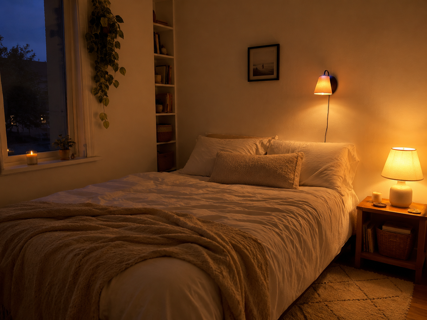 Evening small bedroom with compact bed, glowing bedside lamp, plug-in wall sconce, soft shadows, textured bedding, and small rug