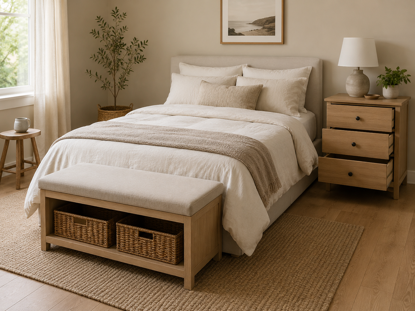 Small bedroom with storage bench, nightstand with drawers, stool used as side table, neutral bedding, light rug, and simple decor