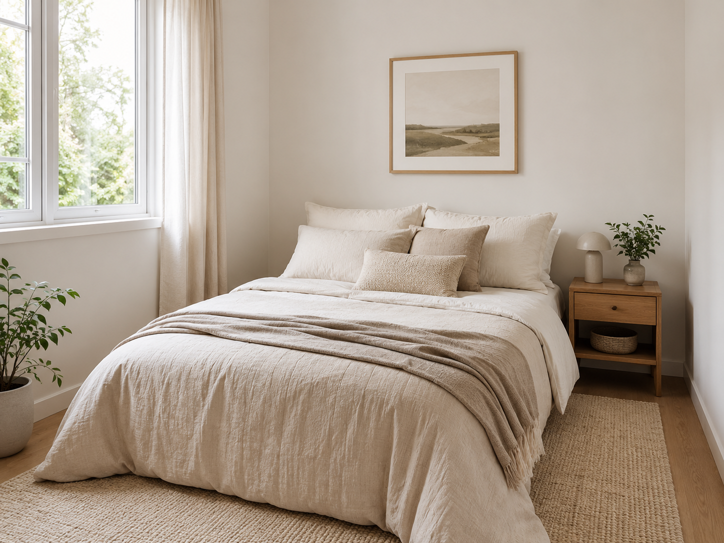 Minimal small bedroom with compact bed, warm neutral bedding, framed artwork, wooden nightstand, plant, light rug, and uncluttered space