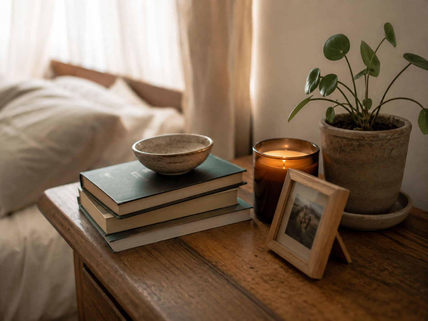Close-up of personal decor in a small bedroom with book stack, candle, ceramic bowl, tiny framed photo, small plant, and blurred bedding