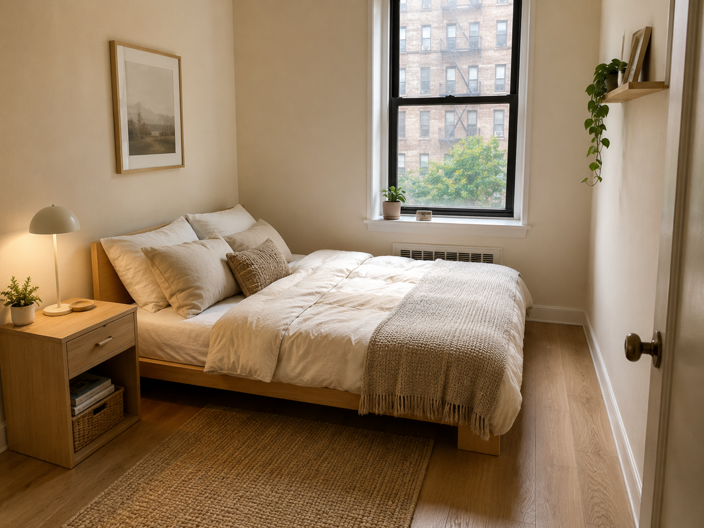Small bedroom with a properly sized low-profile bed, neutral bedding, walking space, narrow nightstand, lamp, and soft rug
