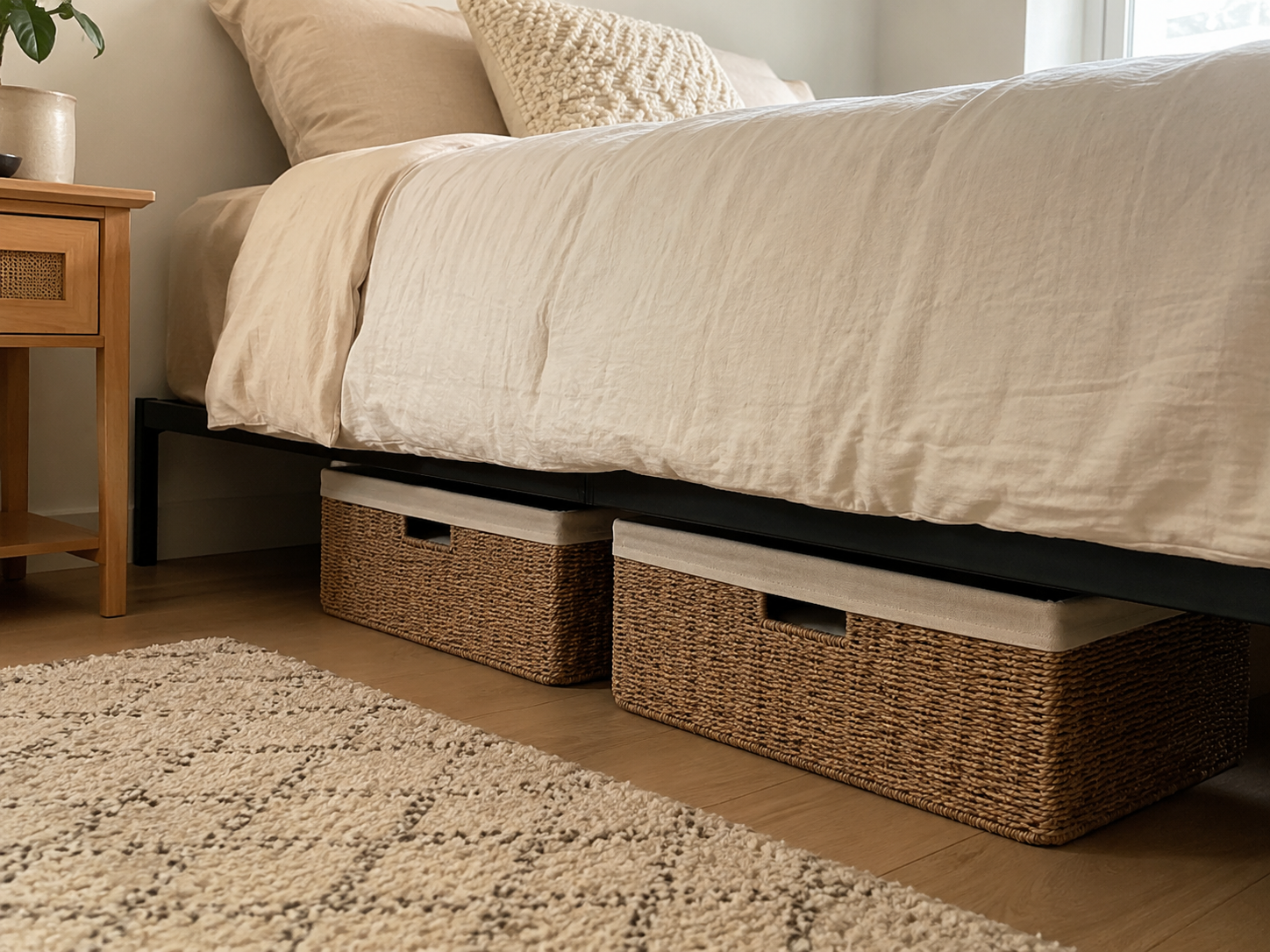 Lower half of small bedroom bed with cream bedding, woven under-bed storage baskets, rug, light wood floor, and bedside table edge