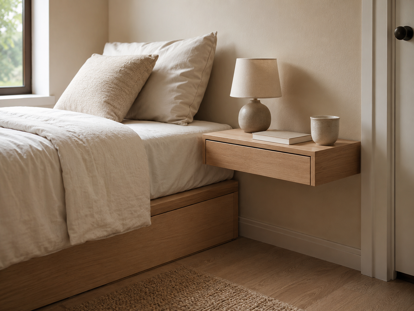 Small bedroom with wall-mounted wooden floating nightstand, lamp, book, ceramic cup, open floor space, beige walls, and cream bedding