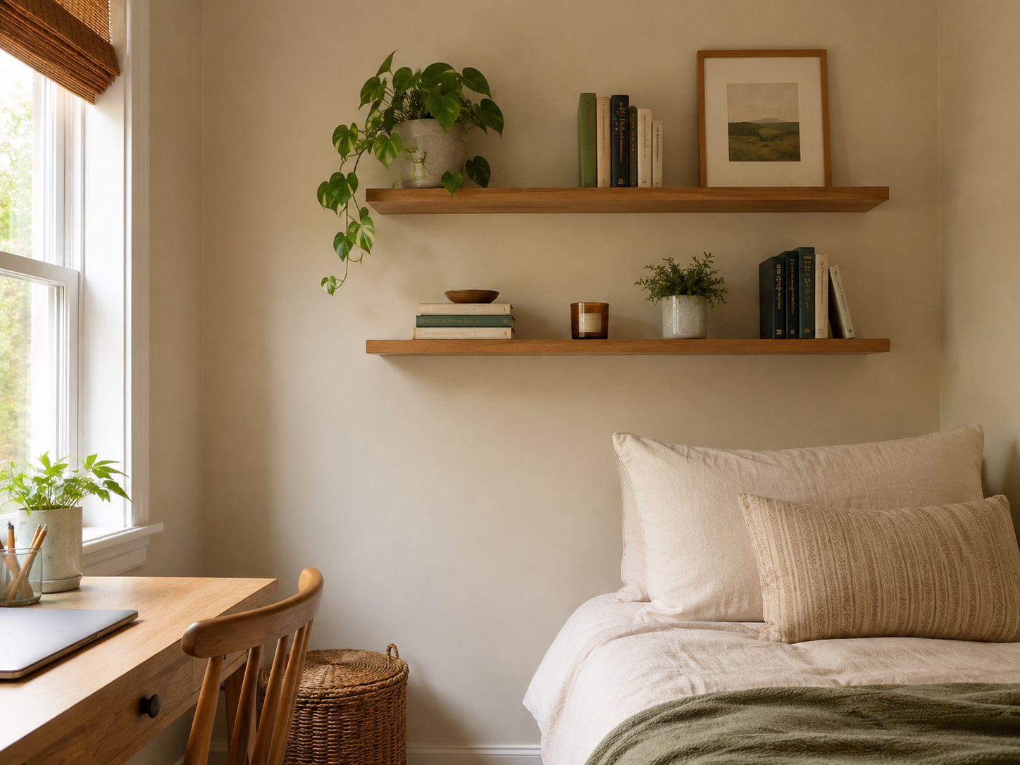 Small bedroom with slim wooden wall shelves above a desk or beside a bed, styled with books, plant, candle, and framed print