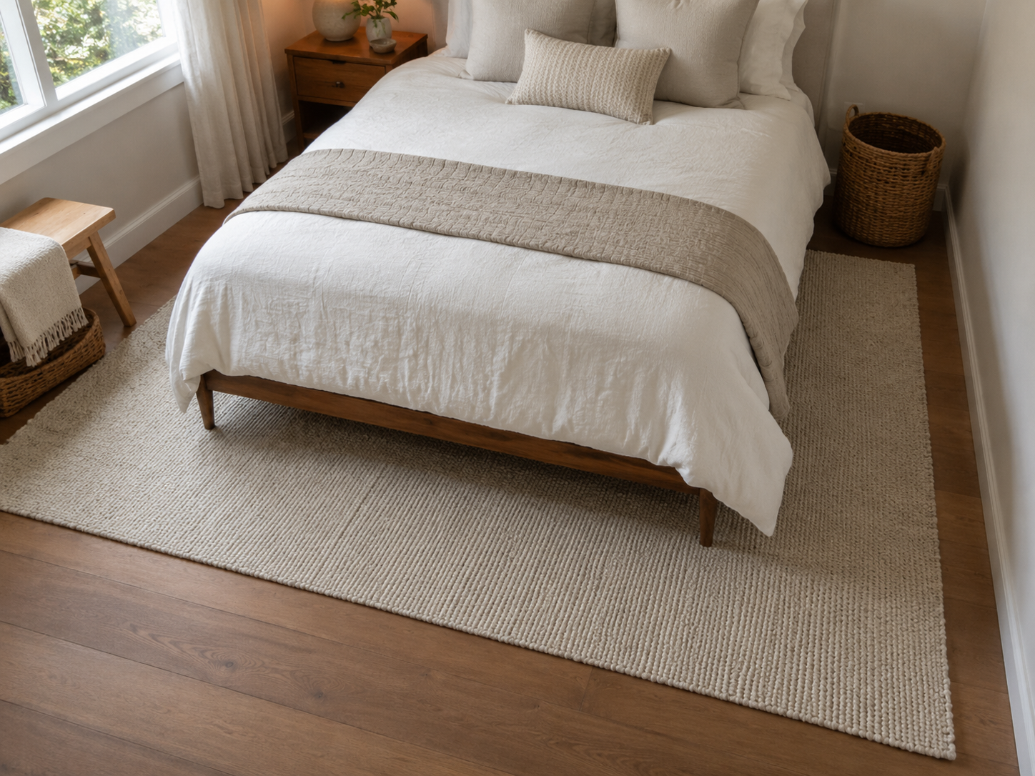 Small bedroom floor with a light textured rug placed partly under a compact bed, wooden bench or stool, and woven basket