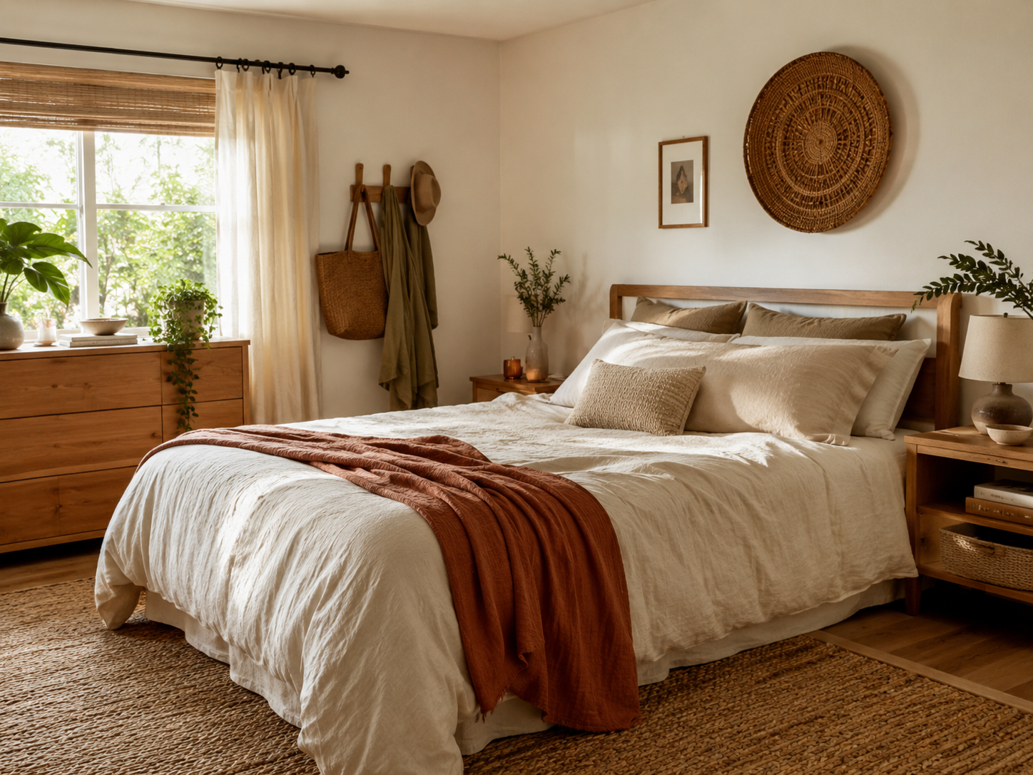 Earthy boho bedroom with cream bedding, terracotta throw, warm white walls, light wood furniture, and woven textures