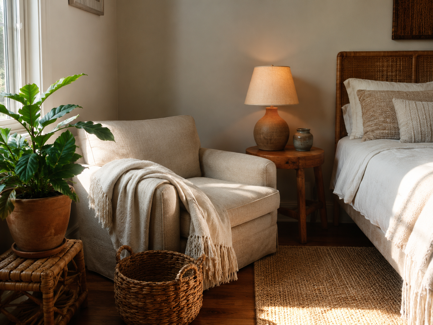 Boho bedroom reading corner with a rattan chair, wooden side table, warm lamp, throw blanket, plant, and woven basket