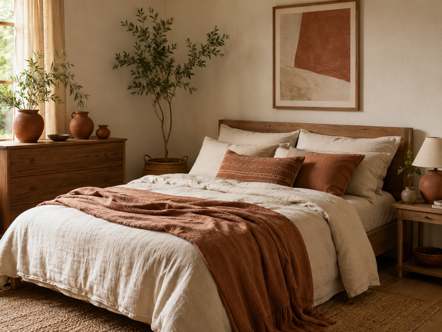 Neutral boho bedroom with terracotta pillows, clay throw, ceramic vases, earth-toned artwork, beige walls, and wood furniture