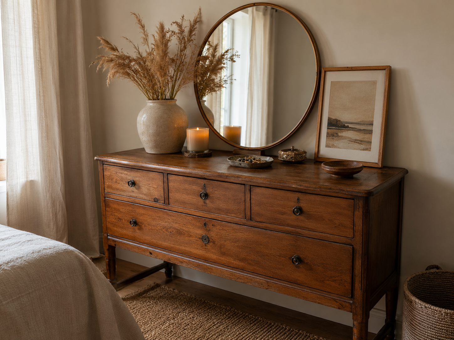 Vintage-style wooden dresser in a boho bedroom with round mirror, ceramic vase, dried grasses, candle, jewelry dish, and framed print