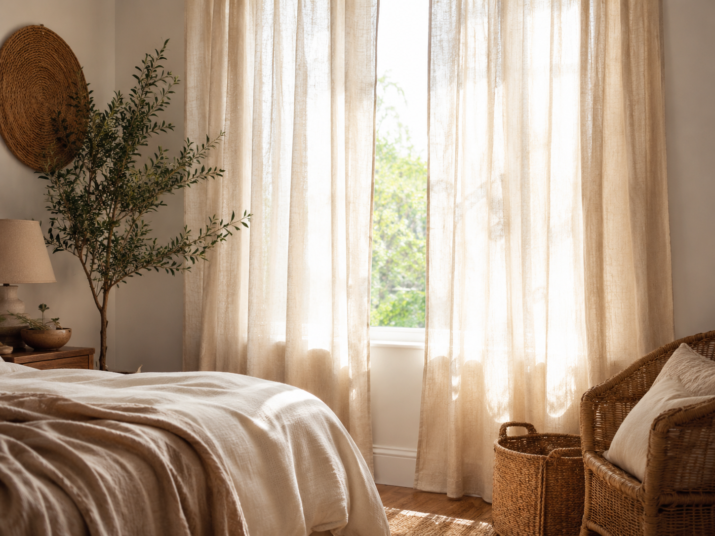 Boho bedroom window with long cream linen curtains, neutral bedding, woven chair or basket, plant, and airy daylight