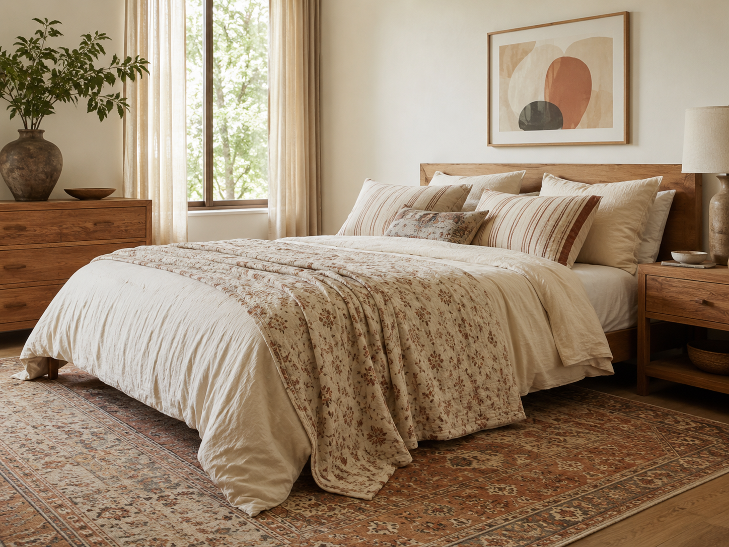 Boho bedroom with cream bedding, striped pillows, subtle patterned quilt, faded vintage-style rug, wood furniture, and abstract print
