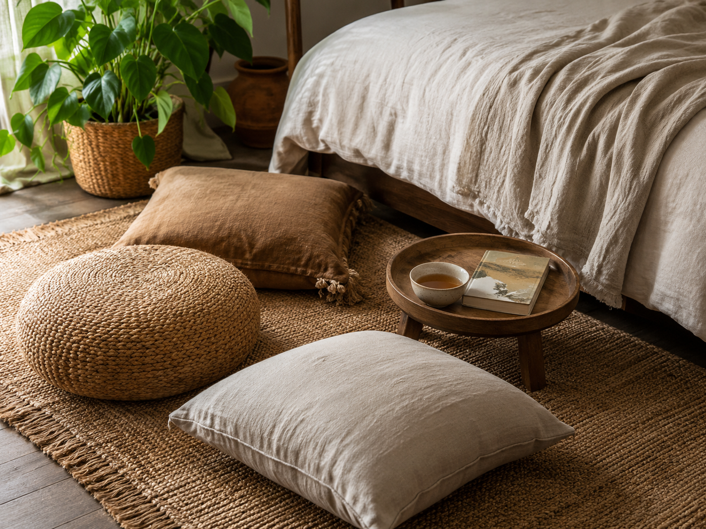 Boho bedroom floor area with woven pouf, floor cushions, low wooden tray table, book, tea cup, textured rug, and plant