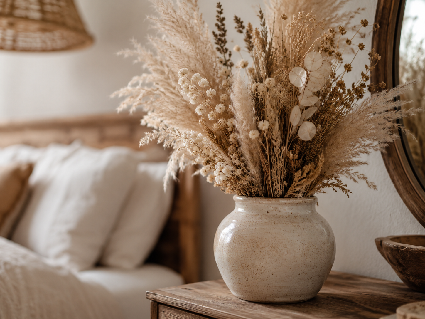 Close-up of ceramic vase with pampas grass and dried stems on a wooden dresser or nightstand in a boho bedroom