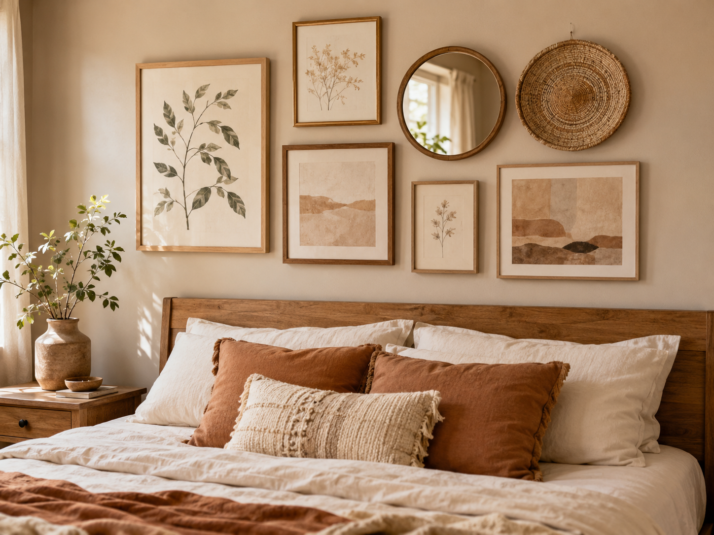 Boho bedroom gallery wall with botanical prints, abstract art, small round mirror, woven wall piece, warm frames, and earthy tones