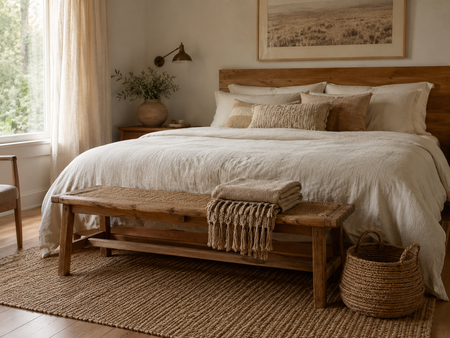 Boho bedroom with cream linen bedding, wooden or rattan bench at the foot of the bed, folded woven throw, basket, and jute rug