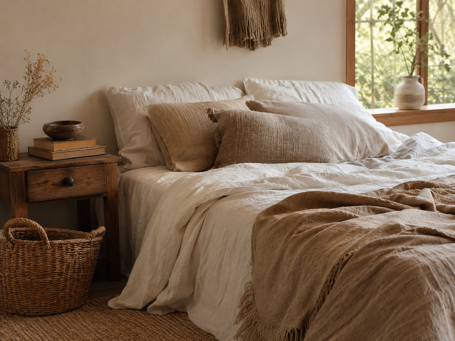 Relaxed boho bedroom with rumpled linen bedding, casual throw blanket, books on nightstand, ceramic bowl, and woven basket