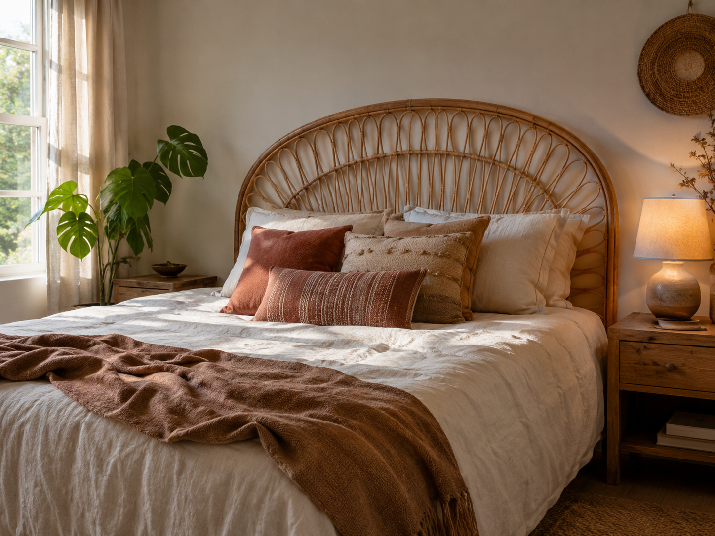 Boho bedroom with a woven rattan headboard, cream bedding, clay pillows, wooden nightstands, lamp, and plant