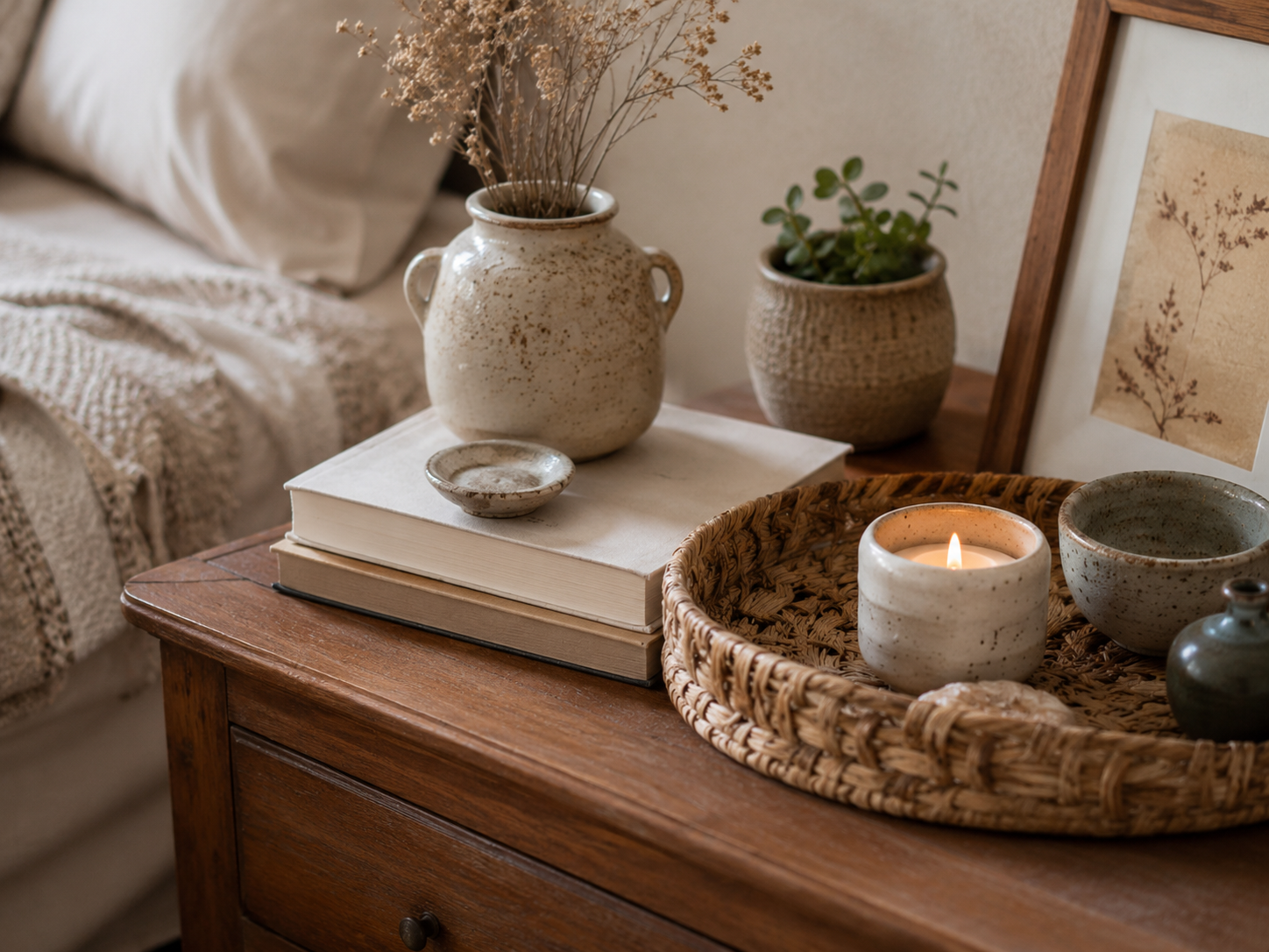 Handmade boho bedroom decor detail with ceramics, books, candle, woven tray, framed print, tiny plant, and soft blanket