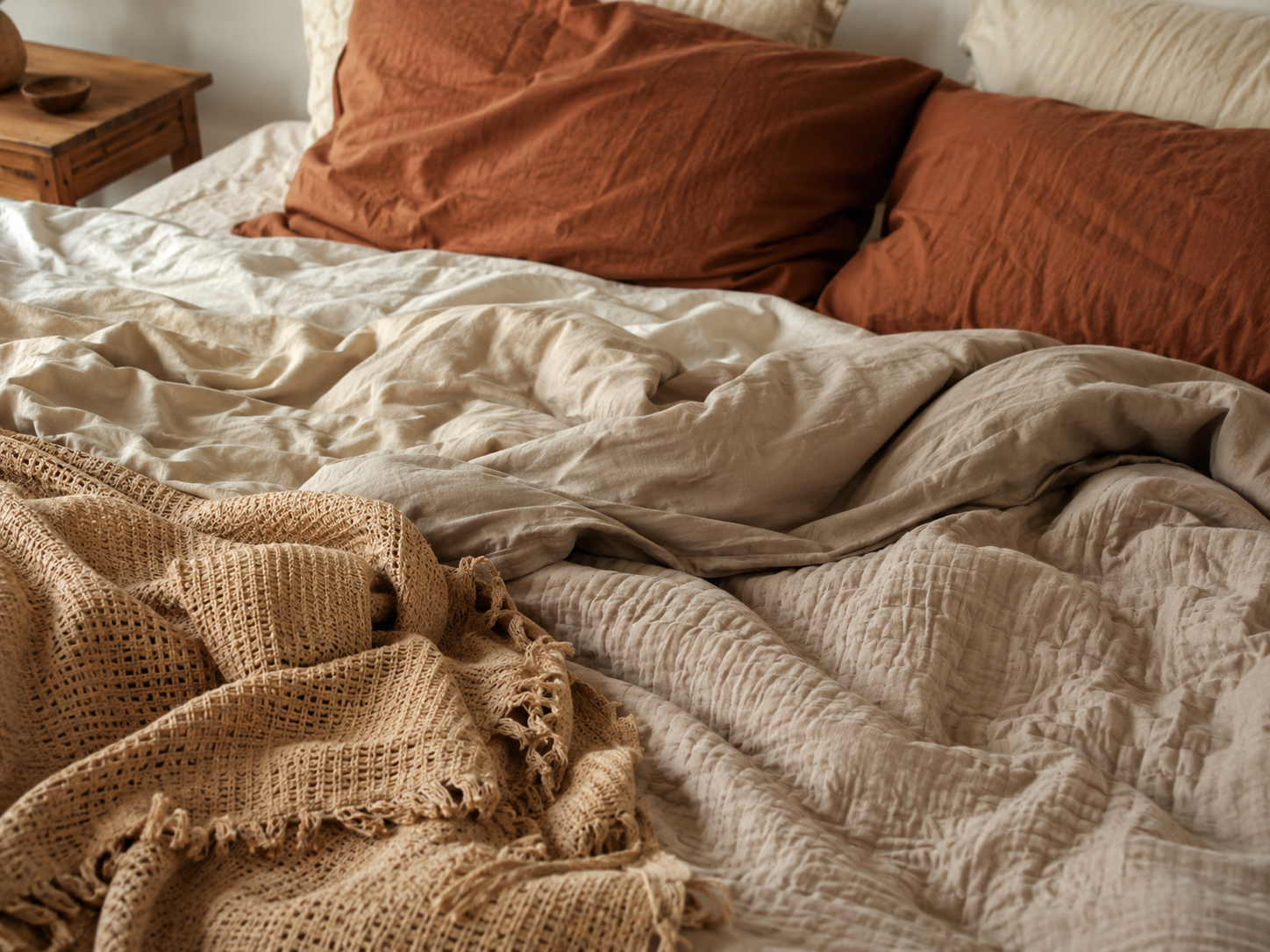 Close-up of relaxed boho bedding layers with linen sheets, beige duvet, textured quilt, clay pillowcases, and woven throw
