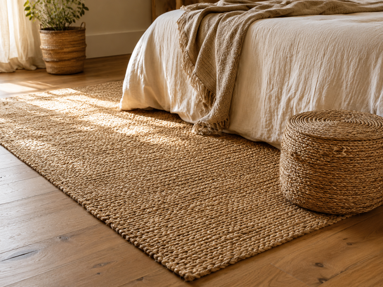 Lower half of boho bed with cream bedding, woven blanket, wood flooring, large jute rug, and woven pouf