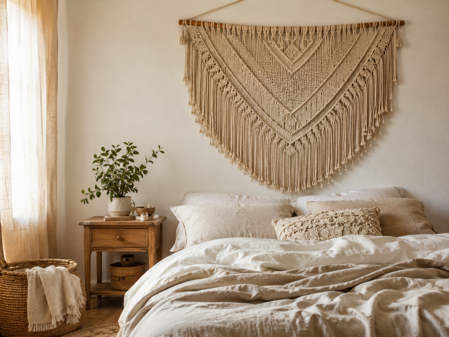 Boho bedroom with a large macrame wall hanging above a simple bed, neutral bedding, wood nightstand, plant, and basket
