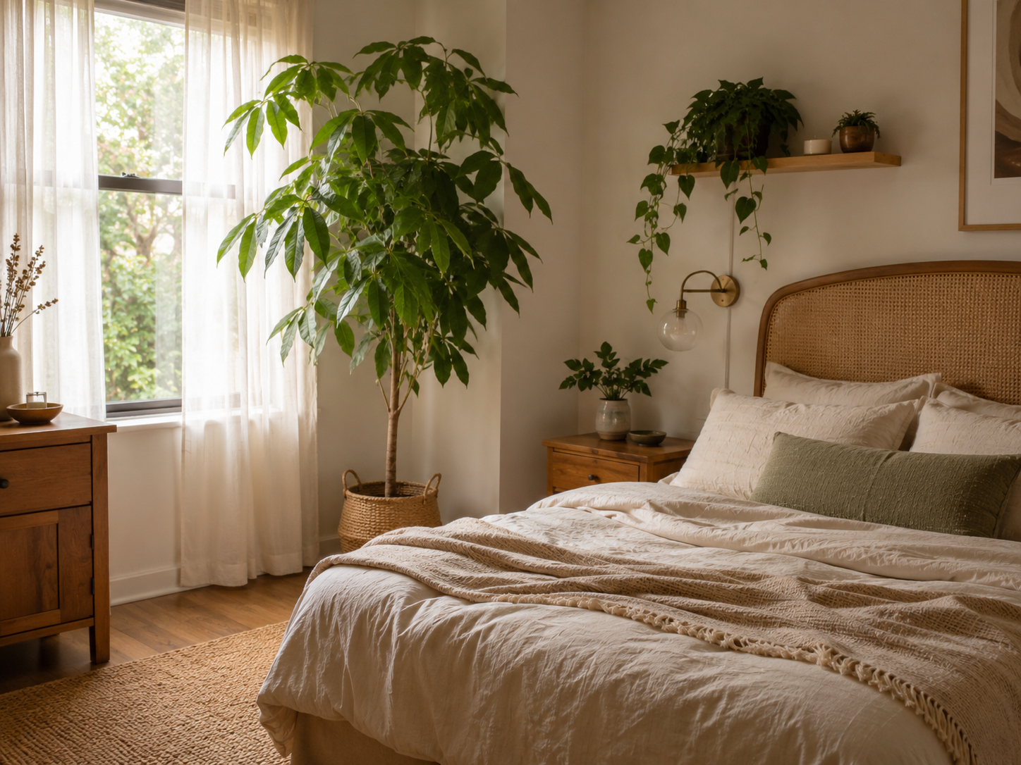 Boho bedroom with a tall plant near the window, trailing plant on wall shelf, bedside plant, cream bedding, and woven rug