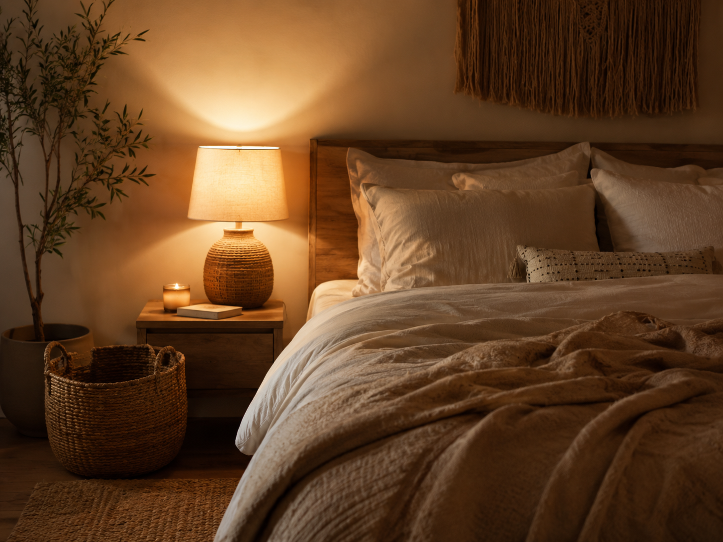 Evening boho bedroom with neutral bedding, glowing woven bedside lamp, nightstand with book and candle, basket, and plant