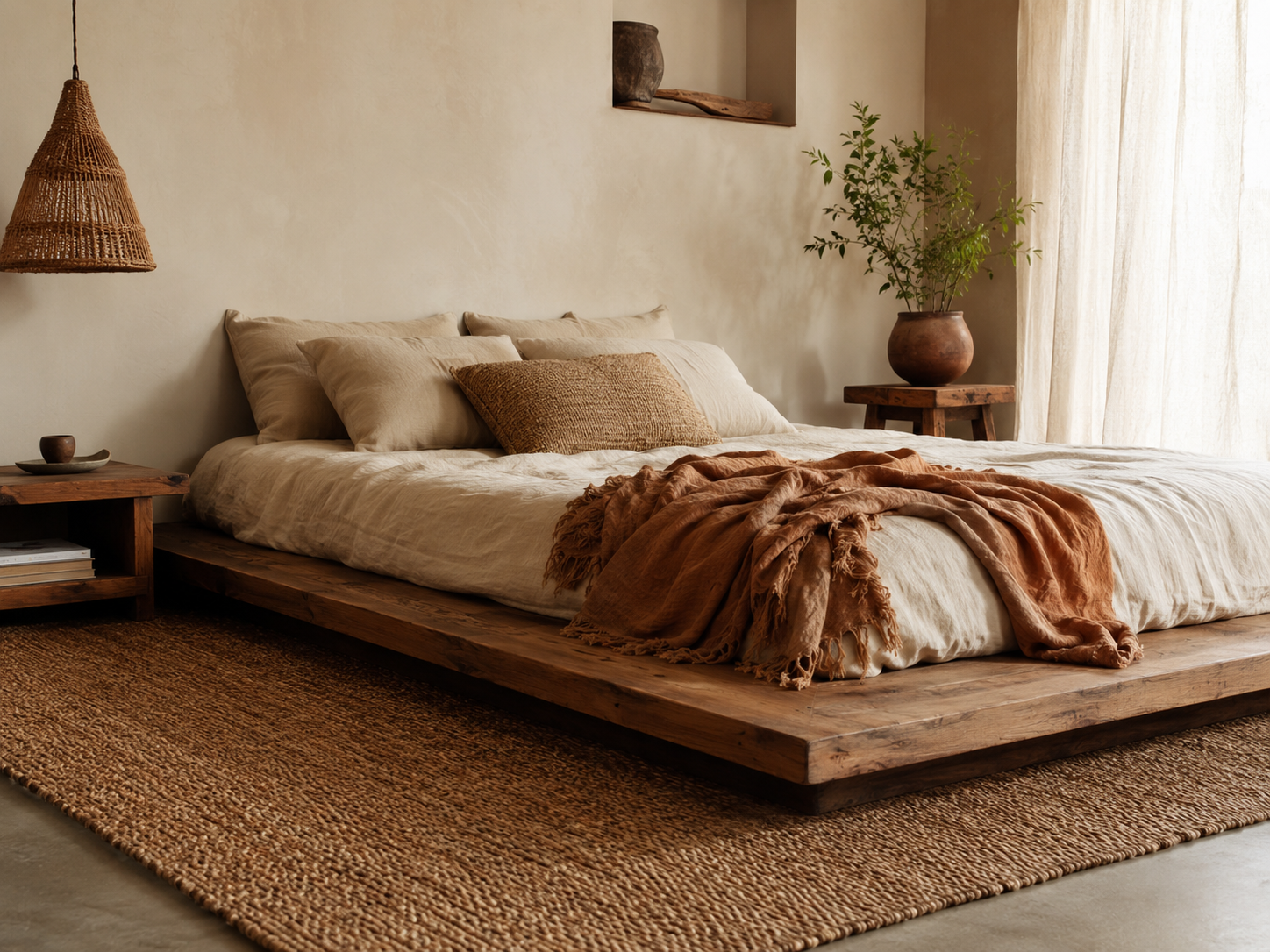 Boho bedroom with a low wooden platform bed, cream linen bedding, beige pillows, clay throw, woven rug, and low side tables
