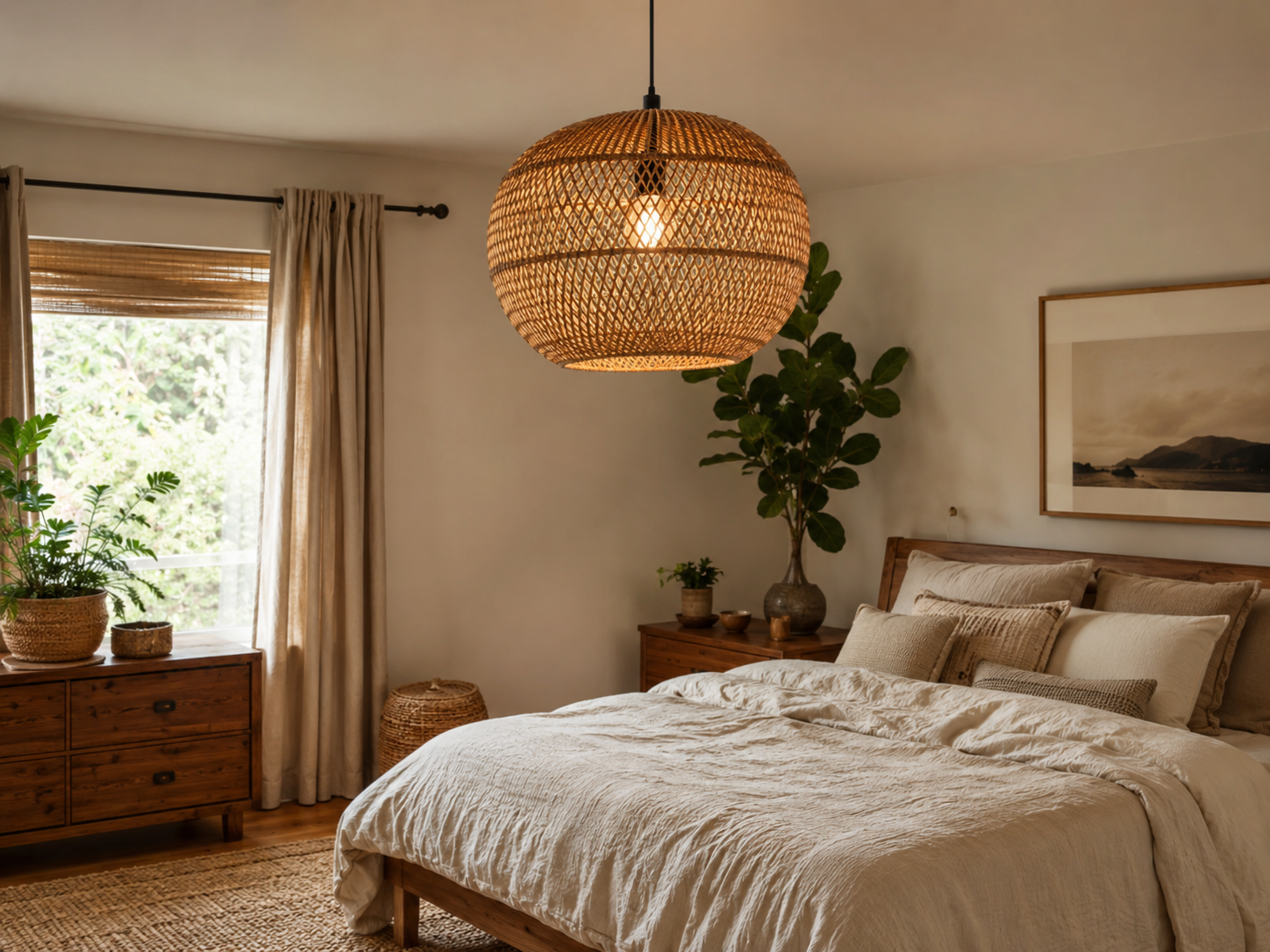 Boho bedroom with a rattan pendant light above a cozy bed, cream bedding, wood furniture, beige curtains, plants, and textured rug