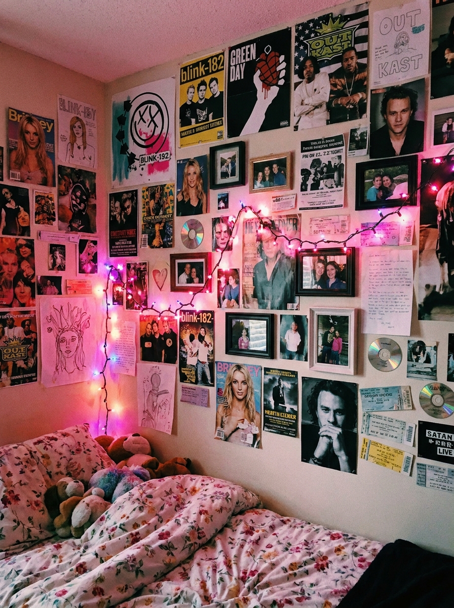 2000s teen bedroom with poster-covered walls, pink ambient light, plush bedding, and nostalgic Y2K decor
