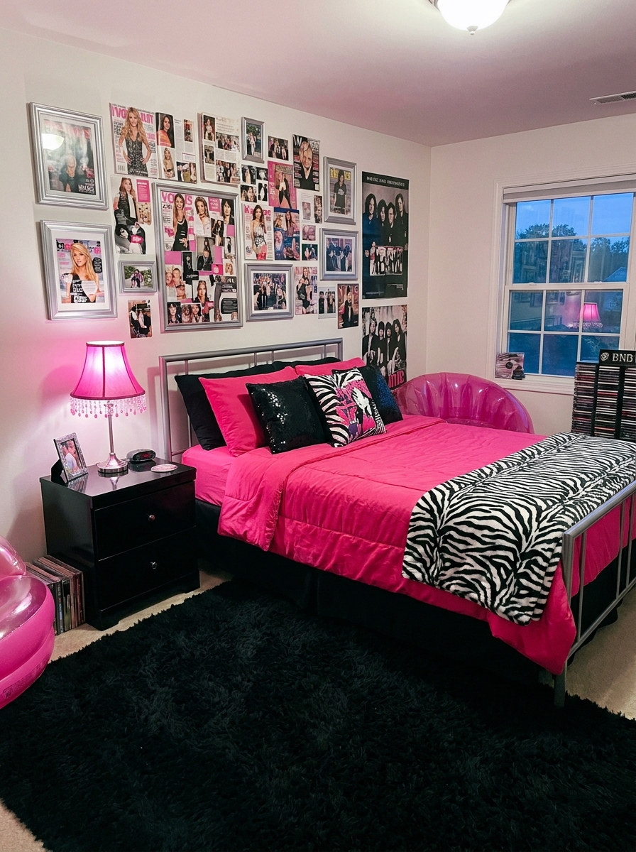 Bold pink and black 2000s teen bedroom with silver accents, patterned bedding, posters, and soft rugs