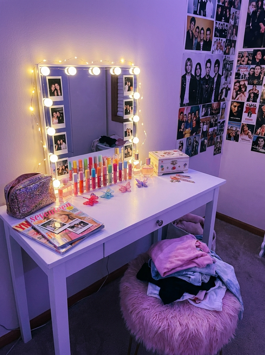 2000s teen bedroom vanity with mirror, perfumes, lip gloss, hair clips, magazines, rhinestone accessories, and pink light