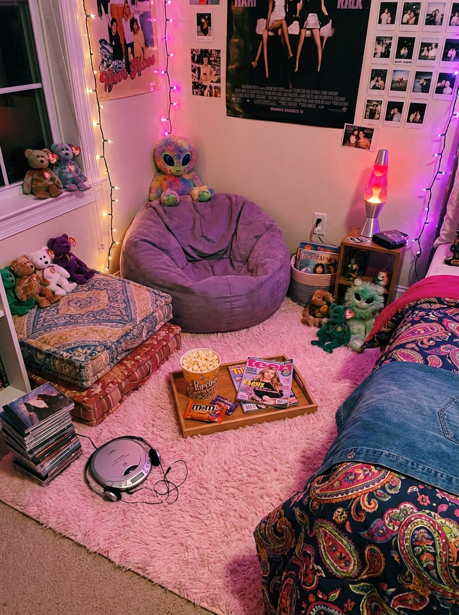 Teen bedroom floor seating area with fluffy rug, oversized pink cushions, bean bag, low table, magazines, and fairy lights