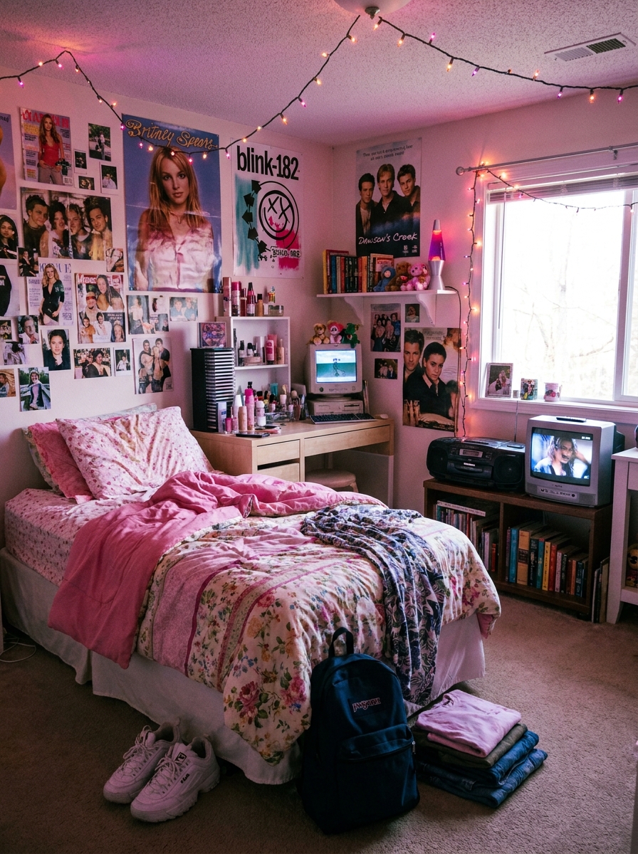 Personal 2000s teen bedroom with posters, favorite books, plush bedding, photos, colorful accessories, and relaxed lived-in styling