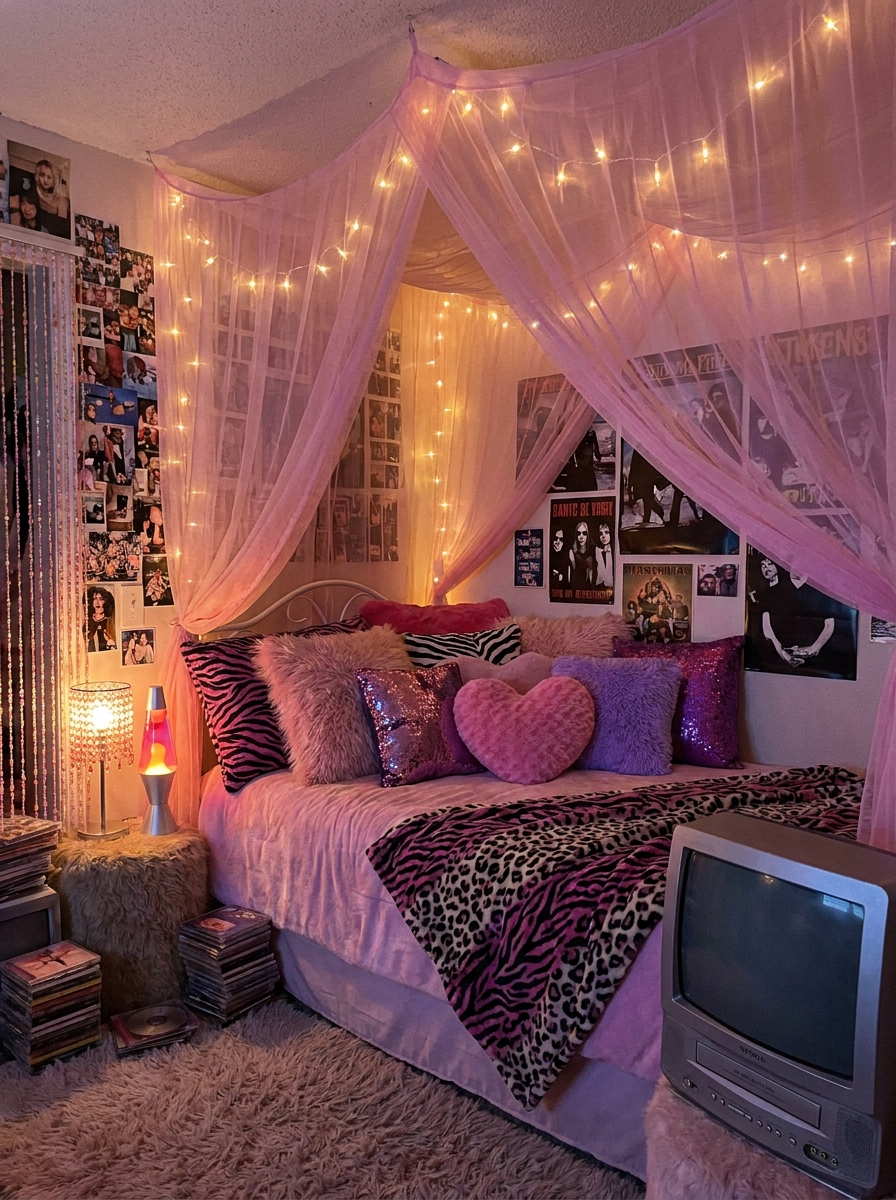Teen bedroom glowing with pink and purple ambient lights, fairy lights, plush bedding, and Y2K decor