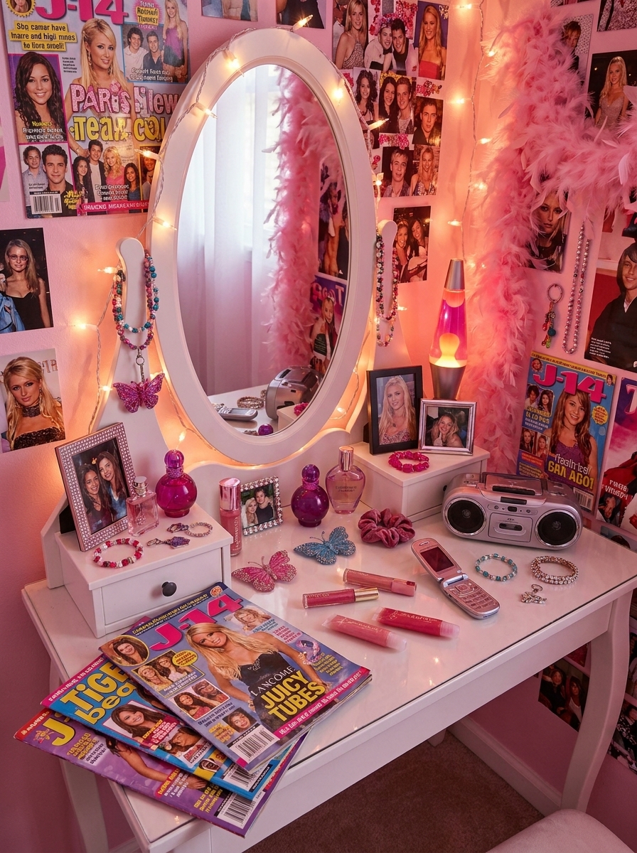 2000s teen bed with zebra and leopard print bedding, pink pillows, black accents, and soft lighting