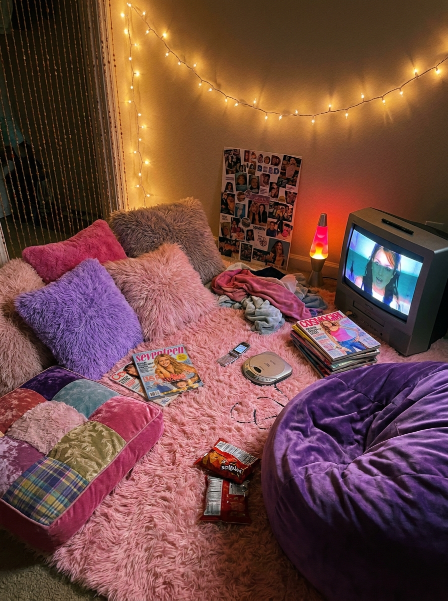 Teen bedroom music corner with CDs, vinyl records, album posters, portable stereo, and nostalgic decor