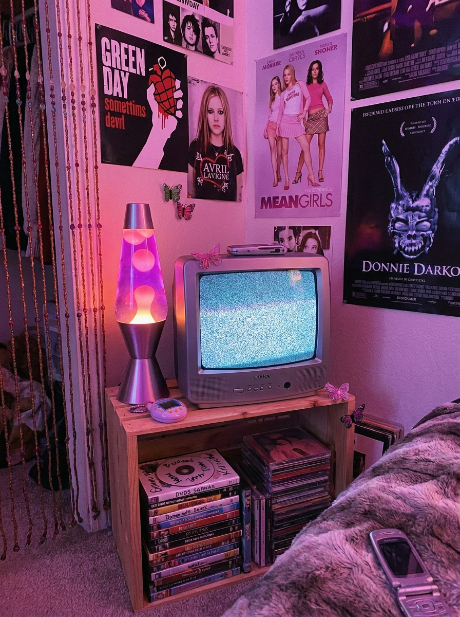 Pink and purple lava lamp on a teen bedroom nightstand with magazines, silver decor, and plush textures