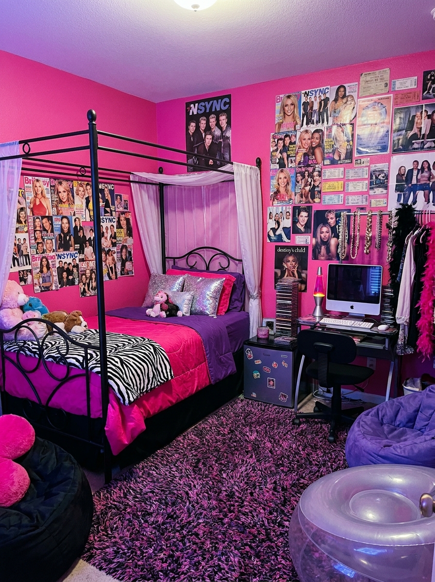 2000s teen bedroom dresser with chunky retro television, DVDs, CDs, flip phone decor, and framed photos