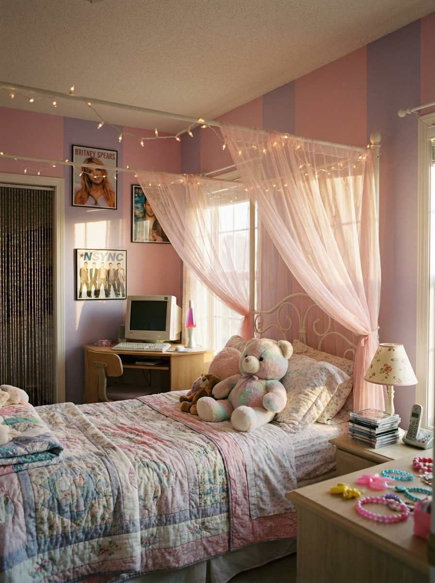 Expressive Y2K teen bedroom with celebrity posters, framed photos, glossy accessories, and colorful bedding