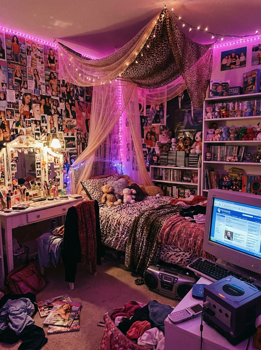 Y2K bedroom with fairy lights around a mirror and ceiling, colorful posters, canopy, and cozy pillows