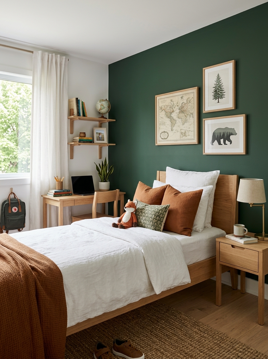 Boys' bedroom with a deep forest green accent wall, twin bed, light oak furniture, white bedding, rust and green pillows, framed art, and small desk