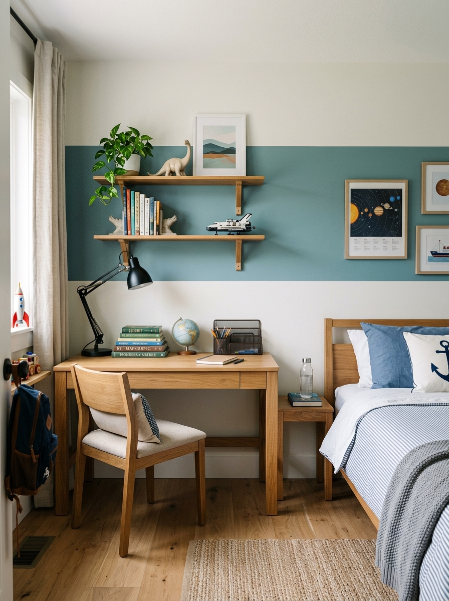 Boys' bedroom with muted teal color-blocked study corner behind a wood desk, desk lamp, shelves, books, and nearby bed with simple bedding