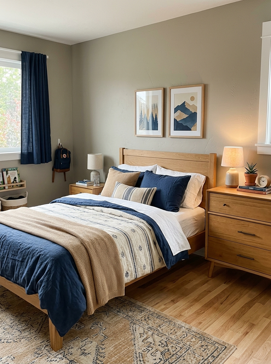 Boys' bedroom with warm greige painted walls, layered white blue and tan bedding, light wood bed frame, simple wall art, dresser, and grown-up style