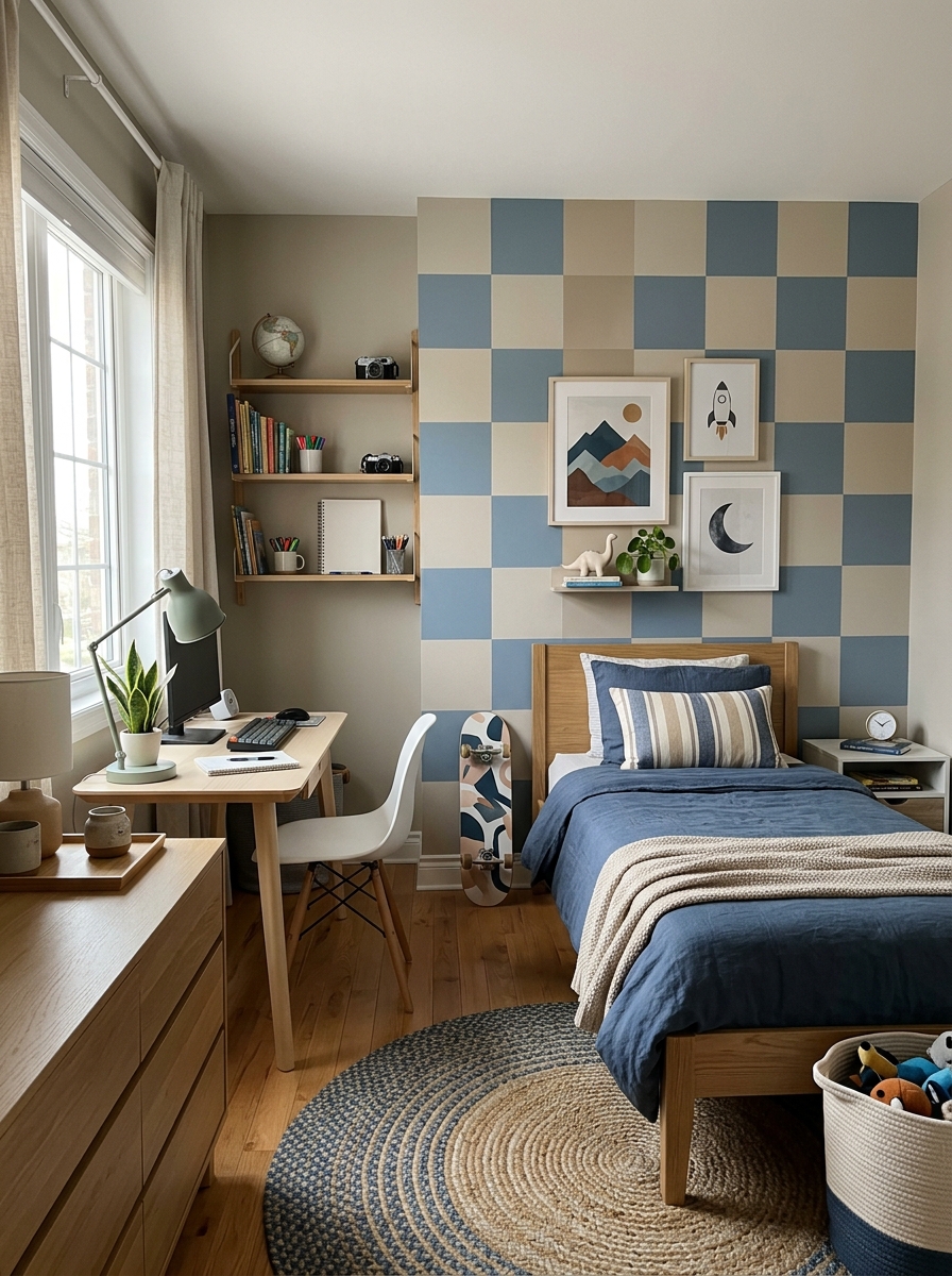 Boys' bedroom with painted checkered accent wall in muted blue and warm beige, simple bed, modern desk, open shelving, and clean-lined furniture
