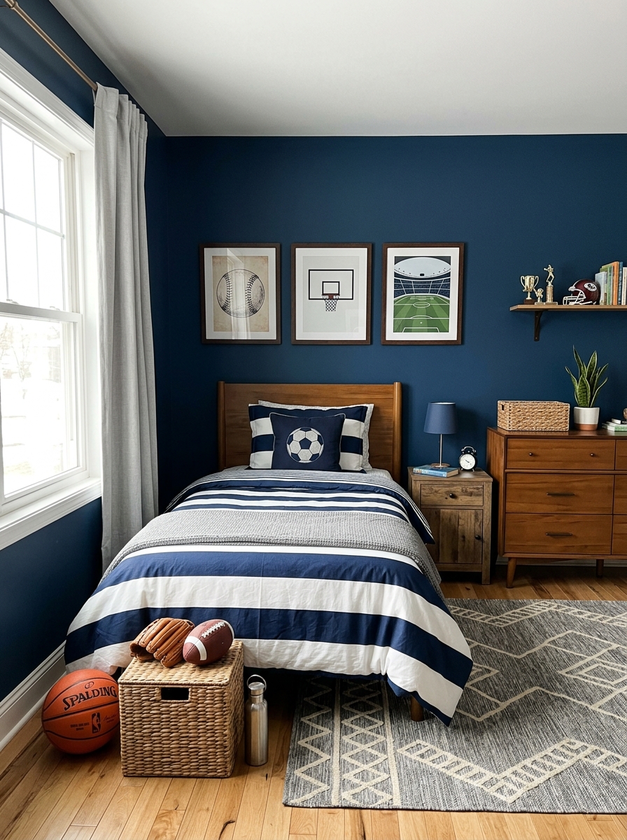 Boys' bedroom with deep blue walls, subtle sports-inspired decor, twin bed, framed sports prints, basketball, striped bedding, dresser, and neat styling